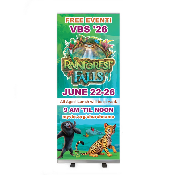 Easy Custom Retractable Vinyl Banner - Personalize in Real Time - Rainforest Falls VBS - RRFAL001