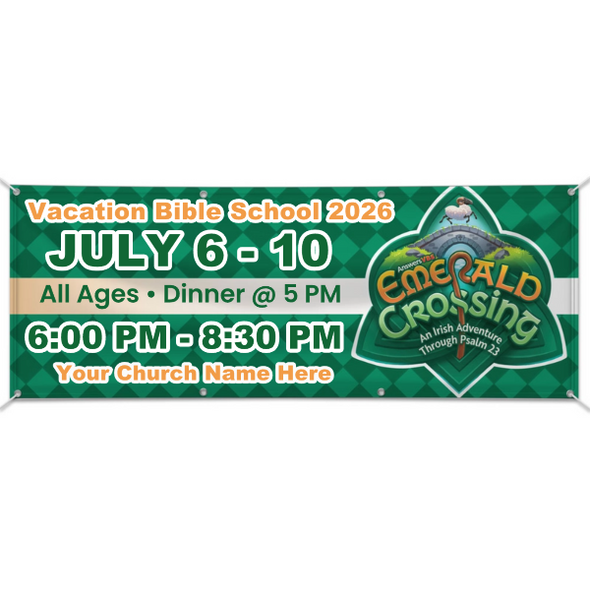 Easy Custom Outdoor Vinyl Banner - Personalize in Real Time - Emerald Crossing VBS - BEME001