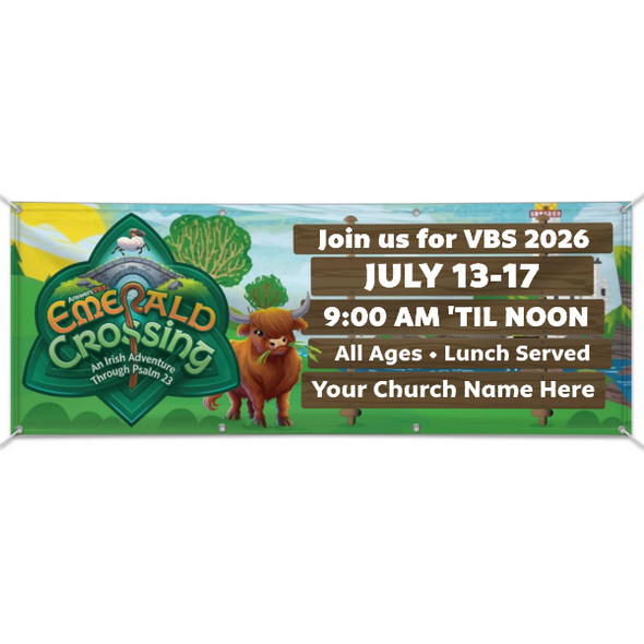 Easy Custom Outdoor Vinyl Banner - Personalize in Real Time - Emerald Crossing VBS - BEME004