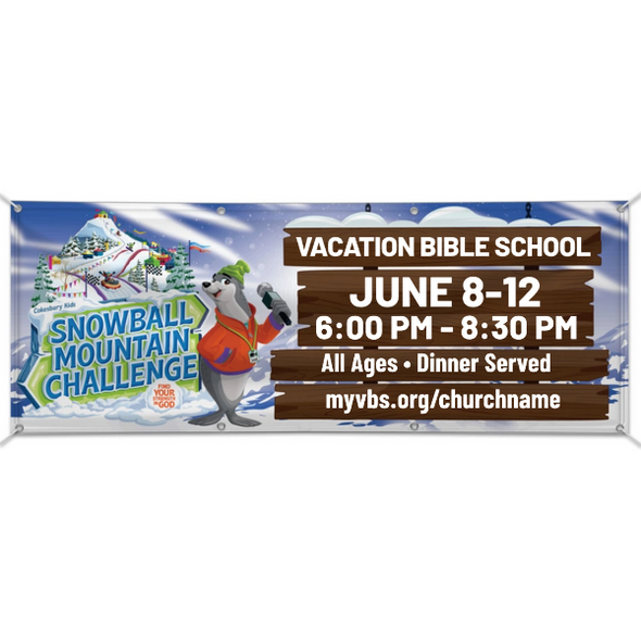 Easy Custom Outdoor Vinyl Banner - Personalize in Real Time - Snowball Mountain Challenge VBS - BSMC004
