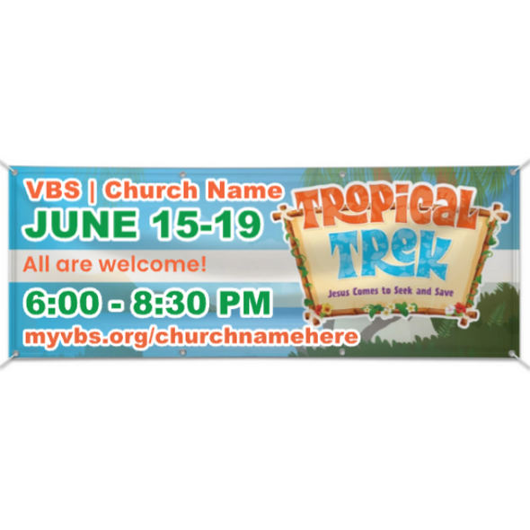 Easy Custom Outdoor Vinyl Banner - Personalize in Real Time - Tropical Trek VBS - BTROP001