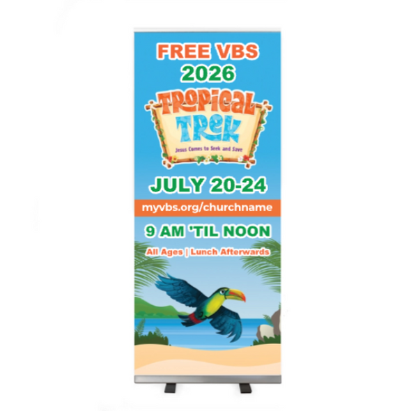 Easy Custom Retractable Vinyl Banner - Personalize in Real Time - Tropical Trek VBS - RTROP001