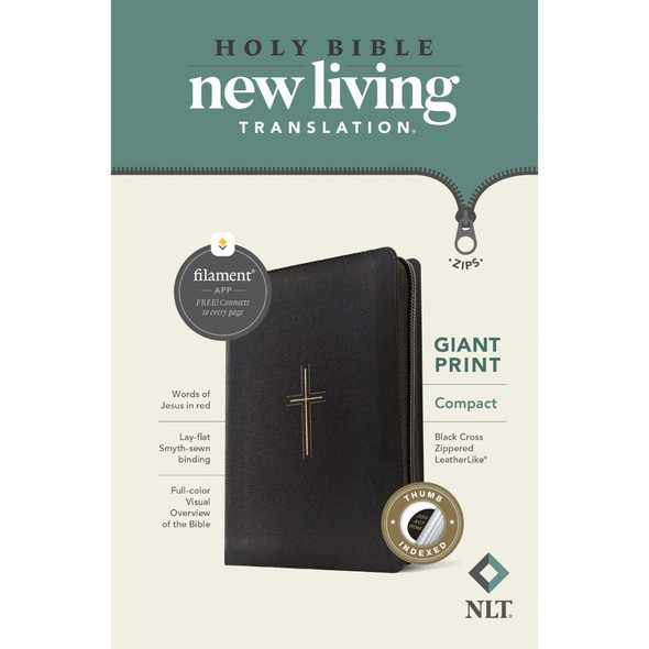 NLT Compact Giant Print Zipper Bible, Filament Enabled, Indexed (Imitation Leather, Black Cross) - Bulk Case of 20