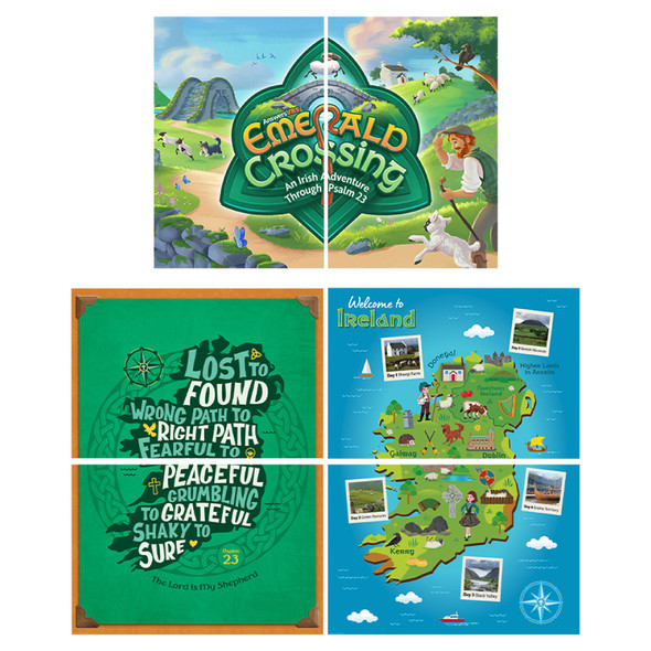 Emerald Crossing Logo, Theme Verse, Map - Scene Setter (Pack of 6 panels) - Emerald Crossing VBS 2026 by Answers