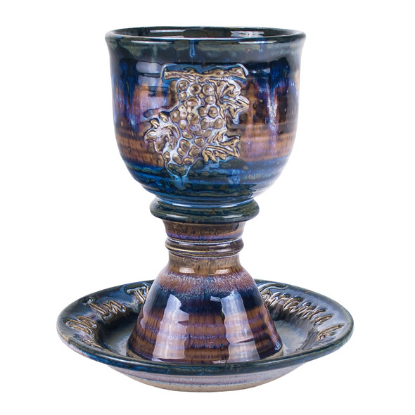 Chalice & Paten Set - Wheat & Grapes - Stoneware - Pastel Blue