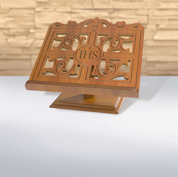 IHS Bible Stand - Carved Wood (Oak Finish)