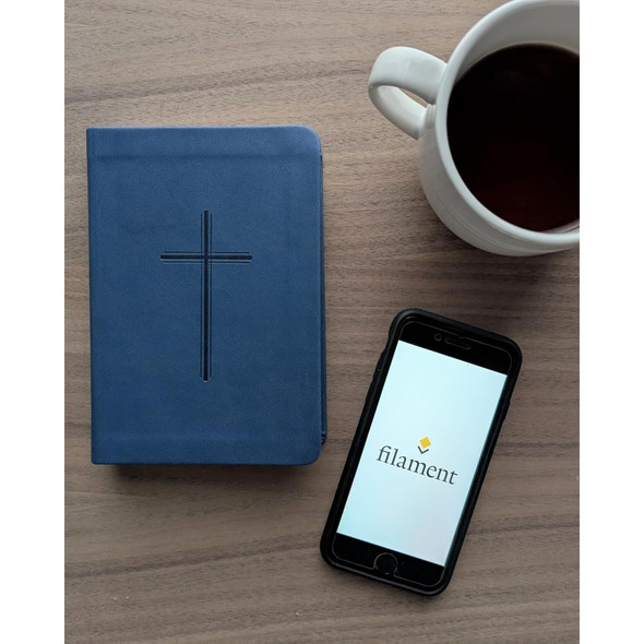NLT Premium Value Compact Bible, Filament Enabled (Leatherlike, Navy Cross) - Case of 48