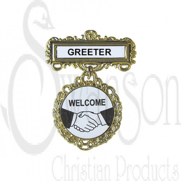 Greeter Badge-Pin Back - Fancy Round Brass