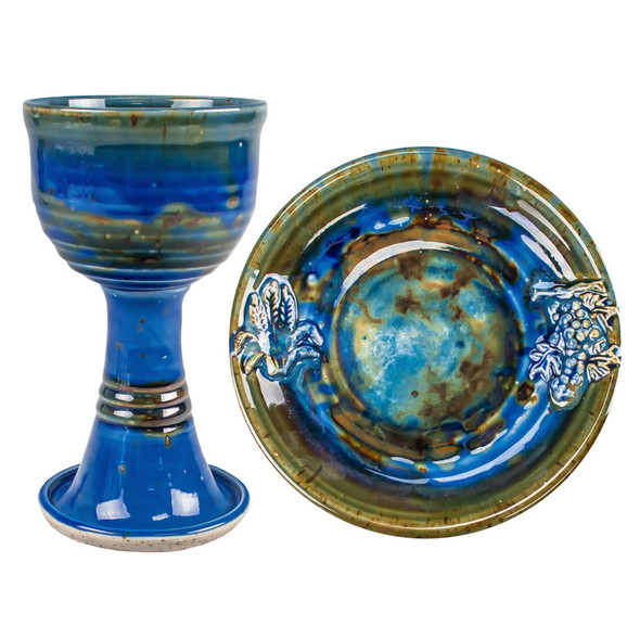 Chalice & Paten Set - Wheat & Grape - Stoneware - Blue