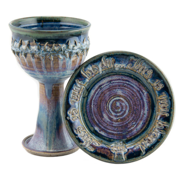 Scripture and Crown of Thorns Porcelain Chalice and Paten Set - Pastel Blue/Rose