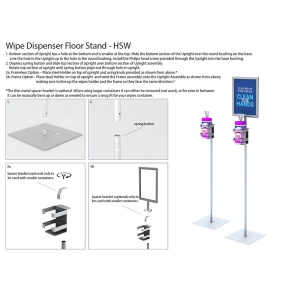Hand Sanitizer Wipe Stand with Frame, 11"x14" Frame, 44" Upright, Square Base (Silver, Powdered Coated Steel)