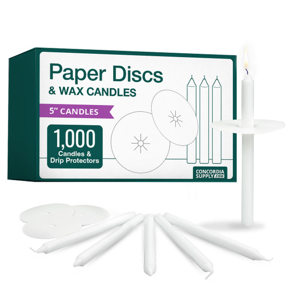 Candlelight Service Set of 1000 Emkay Vigil Candles 5" x 1/2" and Paper Drip Protectors