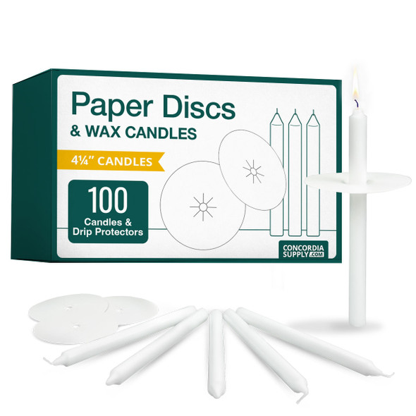 Candlelight Service Set of 100 Vigil Candles 4.25" x 1/2" and Paper Drip Protectors