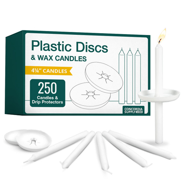 Candlelight Service Set of 250 Vigil Candles 4.25" x 1/2" and Plastic Disc Drip Protectors