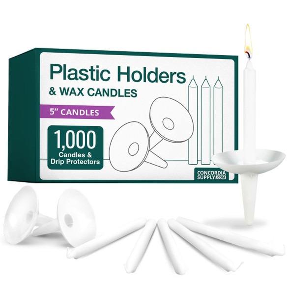 Candlelight Service Set of 1000 Emkay Vigil Candles 5" x 1/2" and Plastic Candle Holders