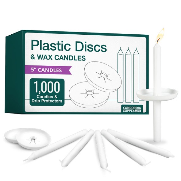 Candlelight Service Set of 1000 Emkay Vigil Candles 5" x 1/2" and Plastic Disc Drip Protectors
