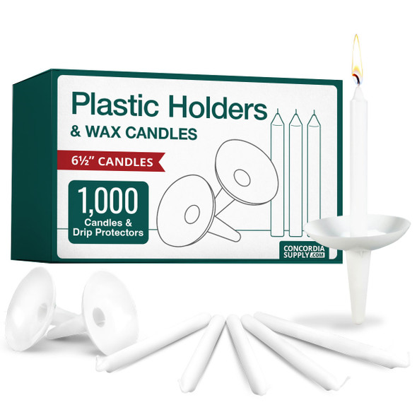 Candlelight Service Set of 1000 Vigil Candles 6.5" x 1/2" and Plastic Candle Holders