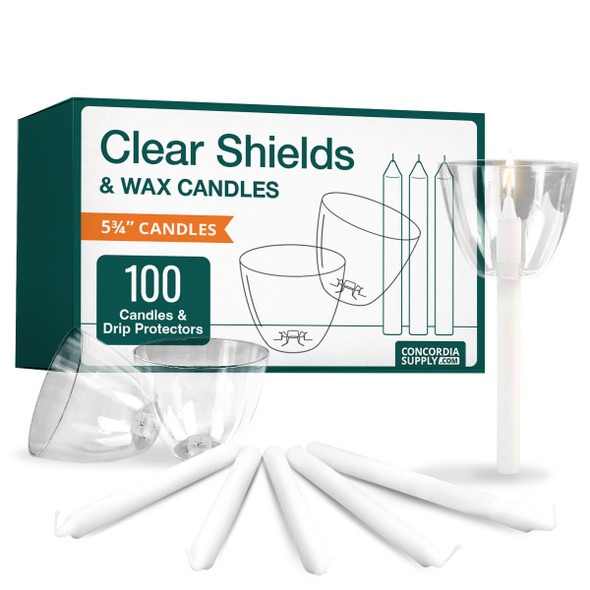 Candlelight Service Set of 100 Vigil Candles 5.75" x 1/2" and Clear Plastic Shields