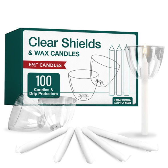 Candlelight Service Set - 6.5" Candles & Clear Plastic Shields (Set of 100)