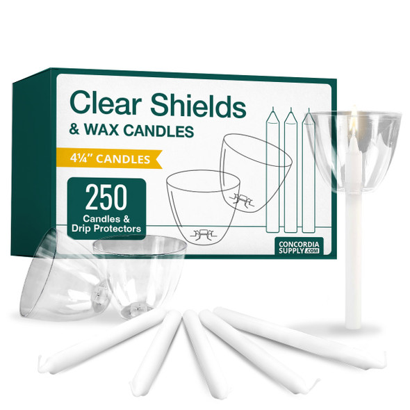 Candlelight Service Set of 250 Vigil Candles 4.25" x 1/2" and Clear Plastic Shields