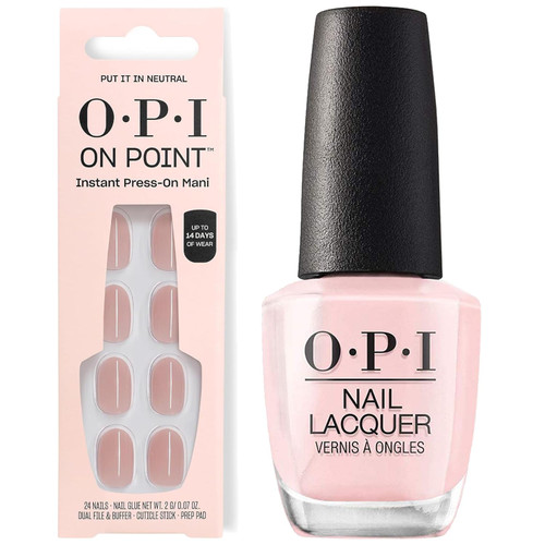 OPI Nail Lacquer & On Point Press On Nails, Put it in Neutral Bundle | Sheer Soft Short Round Press-On Nails 24 Count with Nail Glue with Matching Nail Lacquer Polish Shade