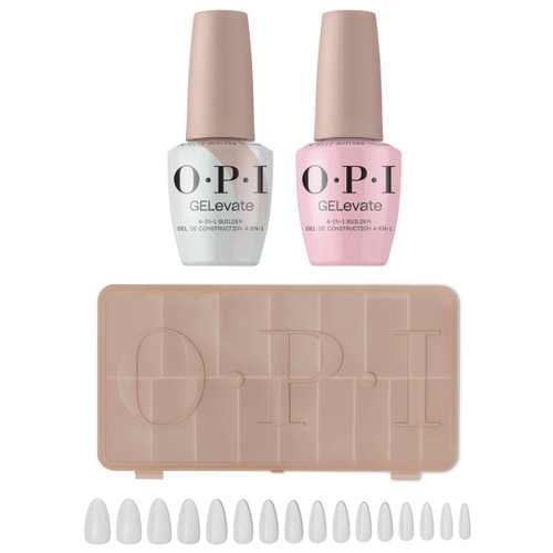 OPI GELevate 4-in-1 UV Cure Gel Nail Builder Bundle | OPI’m Flawless, Clear Color + 4get Me Not, Cool Pink Color + Soft Gel Almond Shape Nail Tips Extensions