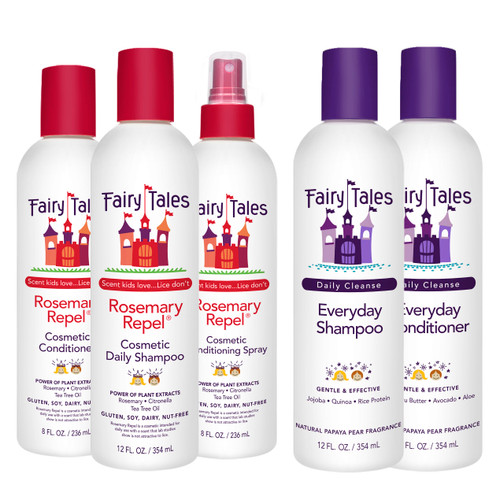 Fairy Tales Rosemary Repel Shampoo 12oz, Conditioner 8oz, Conditioning Spray 8oz, plus Daily Cleanse Shampoo 12oz, and Daily Cleanse Conditioner 12oz | Everyday Kids Shampoo and Conditioner Bundle
