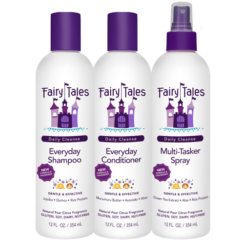 Fairy Tales Daily Cleanse Everyday Kids Shampoo, Conditioner, and Spray set - Gentle Natural Defining, Tangle Free, Moisturizing + Hydrating, Clean + Natural Ingredients - Paraben Free - 12oz. (3PK)