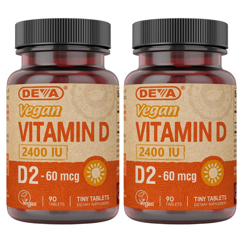 DEVA Vegan Vitamin D2 60 mcg 2400 IU, Ergocalciferol Supplement with No Animal Ingredients, 90 Tablets (Pack of 2)