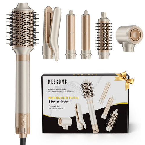 MESCOMB 6-in-1 Hot Air Styler – Hair Dryer with Straightener, Auto Curler & Volumizing Brush for Straightening, Curling, Smoothing & Volume, Damage-Free (Champagne Coffee)