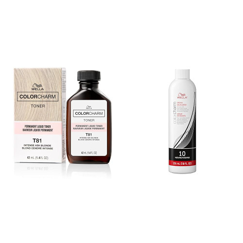 Bundle of WELLA colorcharm Permanent Liquid Toners, Neutralize Brass, Free of Parabens, Vegan, T81 Intense Ash Blonde + 10 Vol Cream Developer Bundle