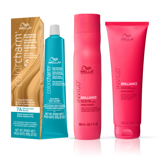 Wella Professionals Invigo Brilliance Color Protection Shampoo & Conditioner, For Fine Hair + Wella ColorCharm Demi Permanent Hair Color, 7A Medium Cool Blonde