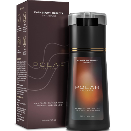 Polar Haircare - Dark Brown Hair Dye Shampoo for Women and Men - Shampoo Hair Dye for Gray Hair, Semi-Permanent Hair Color Kit, Lasting Natural Coloring Formula, Quick Application Skin-Safe 6.76 Fl Oz