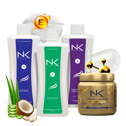 NK Professional Care. Complete Hair Straightening Treatment Kit Steps 1,2,3,4. Hair Surgery with keratin, post-treatment shampoo and restorative mask.