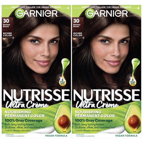 Garnier Nutrisse Ultra Crème Hair Color, Permanent Hair Dye with 100% Gray Coverage, Vegan & Cruelty-Free, 30 Darkest Brown (Sweet Cola), 2 Count