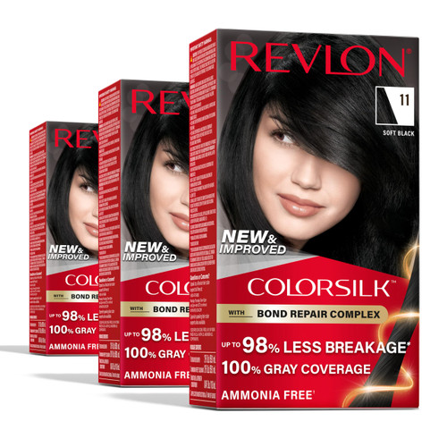 Revlon ColorSilk with Bond Repair Complex, Black Permanent Hair Color, 100% Gray Coverage, Ammonia Free Hair Dye, Vegan Keratin, 11 Soft Black (Pack of 3)