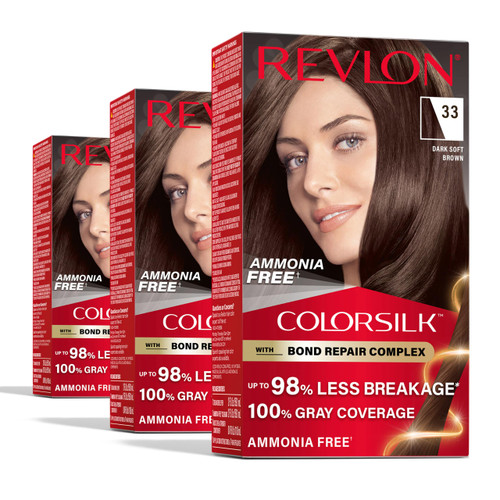 Revlon ColorSilk with Bond Repair Complex, Brown Permanent Hair Color, 100% Gray Coverage, Ammonia Free Hair Dye, Vegan Keratin, 33 Dark Soft Brown (Pack of 3)