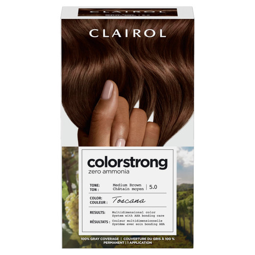 Clairol ColorStrong Permanent Hair Dye, Ammonia‑Free, PPD‑Free, 100% Gray Coverage with Bonding System, 5.0 Medium Brown - Toscana Hair Color, Pack of 1