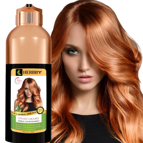 HERBBY Hair Color Shampoo for Gray Hair Coverage&Color Transform with 9 Herbal Extracts –Long Lasting(6-8 Weeks),Shiny,Evenly Colored,Instant Hair Dye Shampoo&Conditioner,500 Ml (GINGER CARAMEL COLOR)