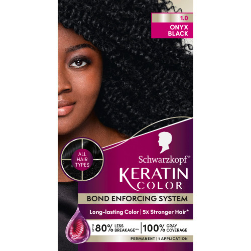Schwarzkopf Keratin Permanent Hair Dye Cream, 1.0 Black Onyx, Professional Quality Color for Up to 100% Gray Coverage, Bond Enforcing System