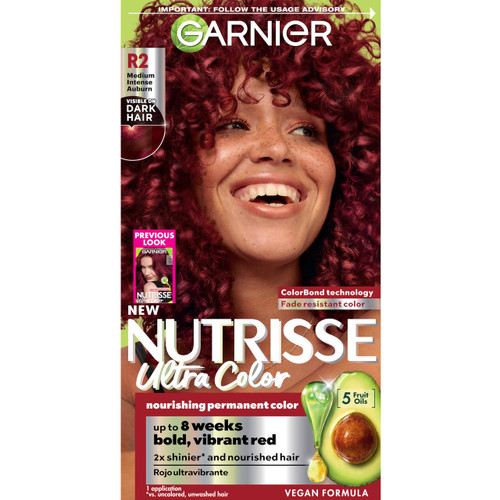 Garnier Nutrisse Ultra Color Hair Color, Permanent Hair Dye for Up to 8 Weeks of Bold, Vibrant, Fade-Resistant Results, Vegan & Cruelty-Free, R2 Medium Intense Auburn (Goji Berry), 1 Count
