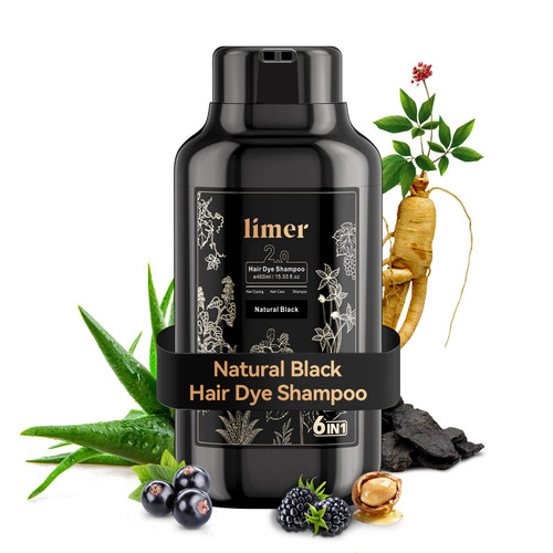 Limer Hair Dye Shampoo Natural Black, 3 in 1 Hair Color for Gray Coverage Men and Women, Herbal Ingredients Natural Shampoo Para Pintar el Cabello, Semi-Permanent Champu Para Canas(15.55fl oz/460ml)