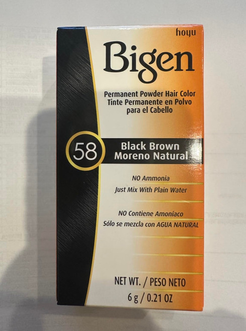 Bigen Permanent Powder Hair Color, #58 Black Brown - Color Powder 0.21 oz (6 g), Measuring Cup 1 pc. per box (Solstice)
