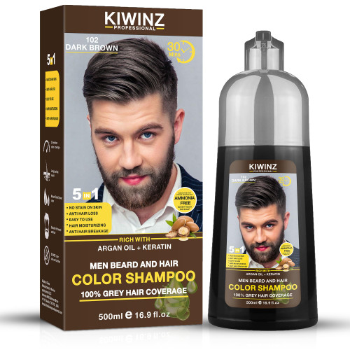 Kiwinz Professional Dark Brown Hair Color Shampoo for Men – 5 in 1 Hair Dye Shampoo for Grey Hair - Instant Hair Dye with 100% Color Accuracy with Natural Ingredients - Ammonia Free - 500ml