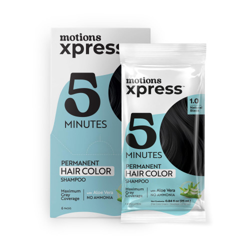 Motions Xpress Permanent Hair Color Shampoo Natural Black – 5 Minute Color, Gray Coverage, Ammonia Free, Deep Shine Hair Dye Shampoo, 0.84 Oz