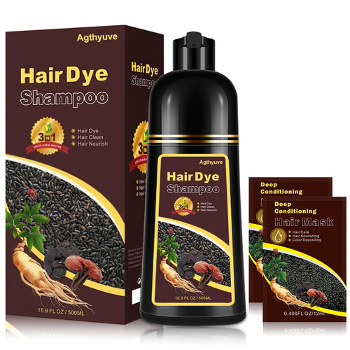 Agthyuve 3-in-1 Black Hair Dye Shampoo for Women & Men, 16.9 Fl Oz Instant Hair Color Shampoo 100% Gray Coverage, Semi-Permanent Herbal Hair Dye, Gentle DIY Home Salon (Black)