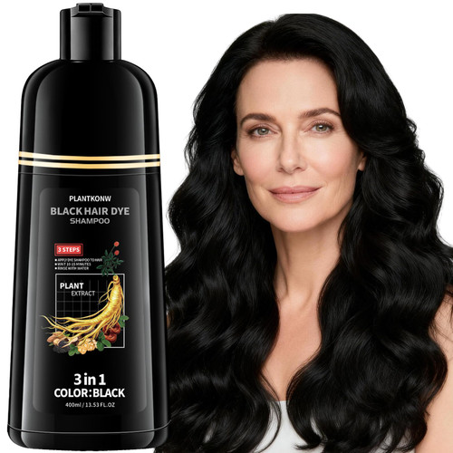 Plantkonw Black Hair Dye Shampoo, 3 In 1 Semi Permanent Hair Color Shampoo for Gray Coverage, Natural Hair Dye for Women & Men, Ammonia & Paraben Free