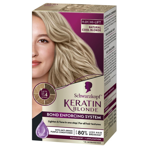 Schwarzkopf Keratin Blonde Hair Dye, 11.01 High Lift Natural Cool Blonde, Professional Quality Permanent Hair Color, Bond Enforcing System, Pre-Color Serum & Conditioner Included