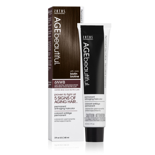 AGE beautiful Permanent Hair Color Dye Liqui Creme | 100% Gray Coverage | Anti-Aging Haircolor | Biotin for Thicker, Fuller Hair | Professional Salon Coloring | 6NWB Light Neutral Warm Beige Brown
