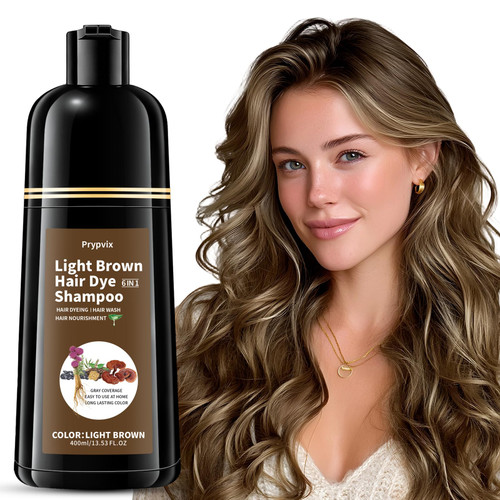 Prypvix Light Brown Hair Dye Shampoo for 100% Gray Coverage, Natural Herbal 3 IN 1 Formula Hair Color Shampoo, Semi-Permanent Color for Women & Men, Nourishes with Botanicals, Ammonia & Paraben Free